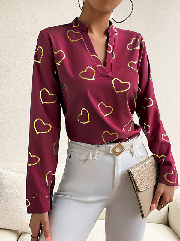 Elva Women's Love Stamping Elegant V-Neck Shirt