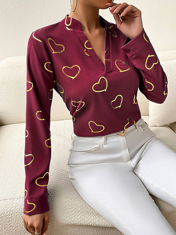 Elva Women's Love Stamping Elegant V-Neck Shirt