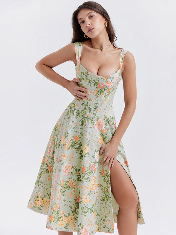 Giana Women's Slim Suspender Sexy Slit Floral Dress