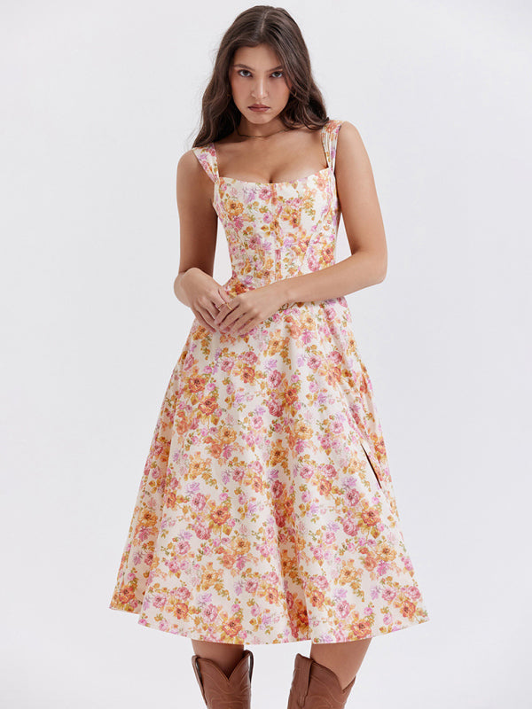 Giana Women's Slim Suspender Sexy Slit Floral Dress