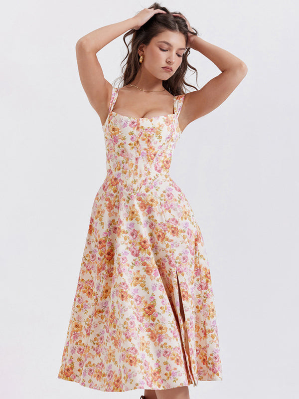 Giana Women's Slim Suspender Sexy Slit Floral Dress