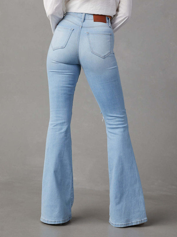 Mabel  Women's Washed Ripped High-Waisted Denim Wide-leg Trousers