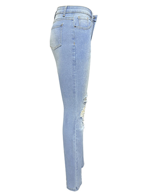 Mabel  Women's Washed Ripped High-Waisted Denim Wide-leg Trousers