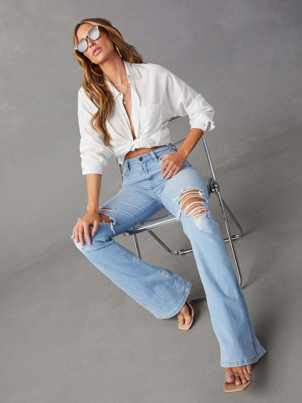 Mabel  Women's Washed Ripped High-Waisted Denim Wide-leg Trousers