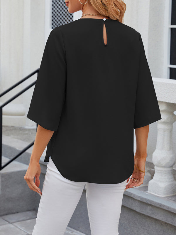 Harriett Women's New Round Neck Quarter Sleeve Loose Chiffon Shirt Top