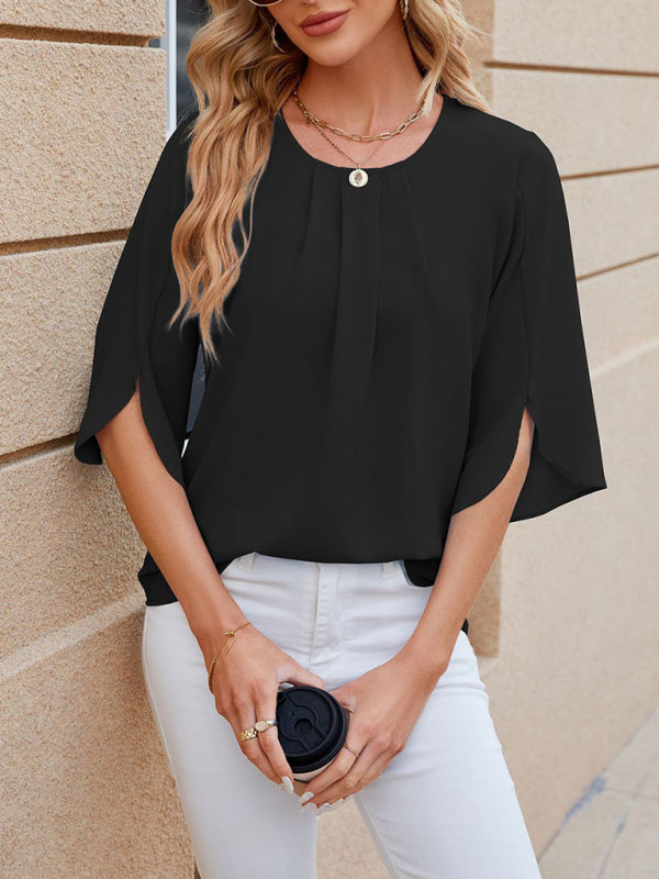 Harriett Women's New Round Neck Quarter Sleeve Loose Chiffon Shirt Top