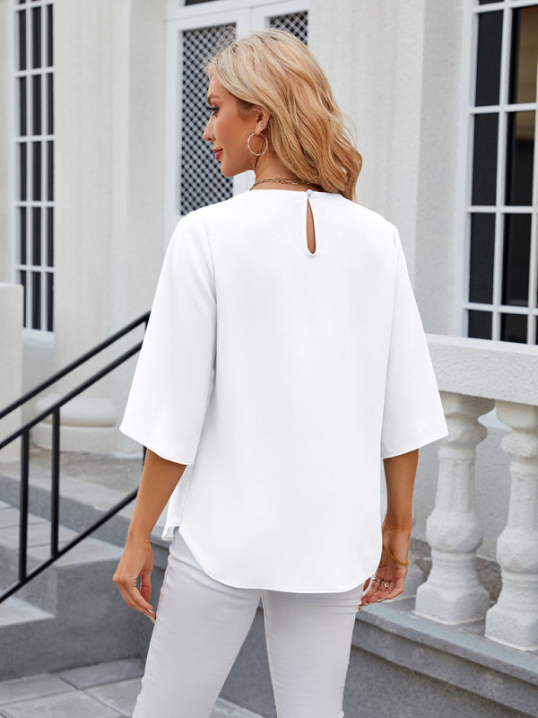 Harriett Women's New Round Neck Quarter Sleeve Loose Chiffon Shirt Top