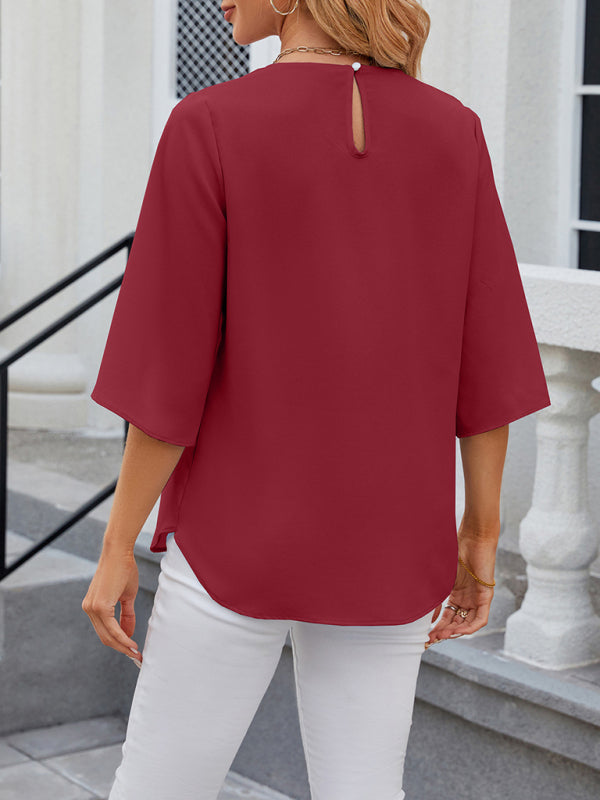 Harriett Women's New Round Neck Quarter Sleeve Loose Chiffon Shirt Top