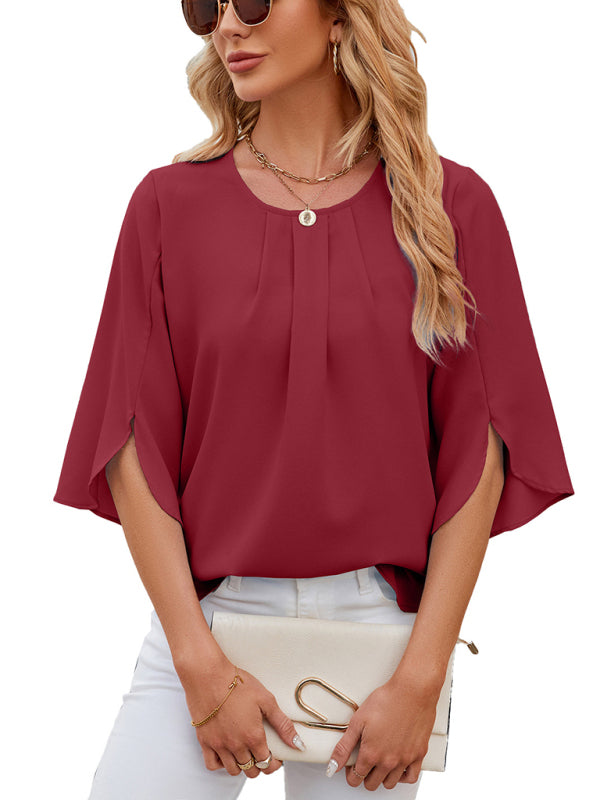 Harriett Women's New Round Neck Quarter Sleeve Loose Chiffon Shirt Top
