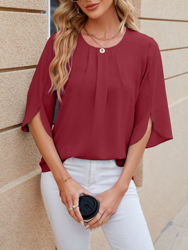 Harriett Women's New Round Neck Quarter Sleeve Loose Chiffon Shirt Top