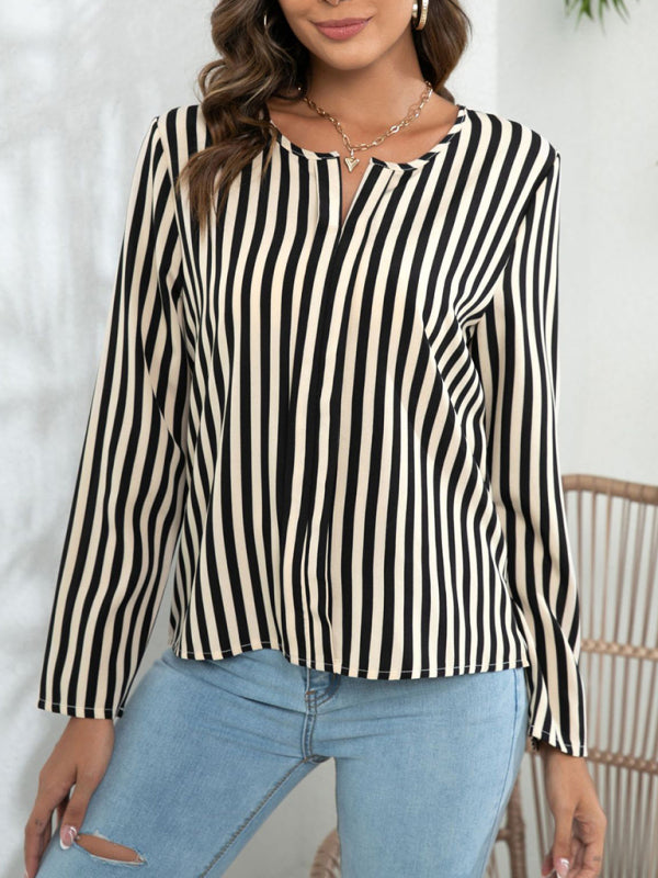 Hannelie Women's Long Sleeve Round Neck Striped Print Top Blouse