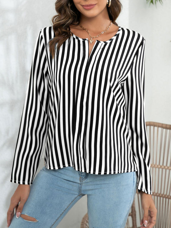 Hannelie Women's Long Sleeve Round Neck Striped Print Top Blouse