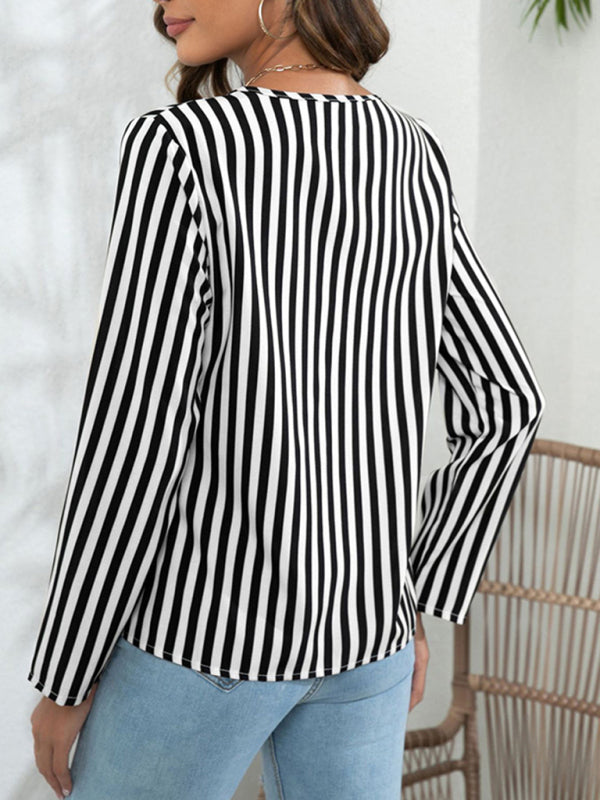 Hannelie Women's Long Sleeve Round Neck Striped Print Top Blouse