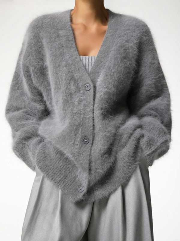HelenaWomen's Lazy Loose Long-sleeved V-neck Sweater Knitted Cardigan