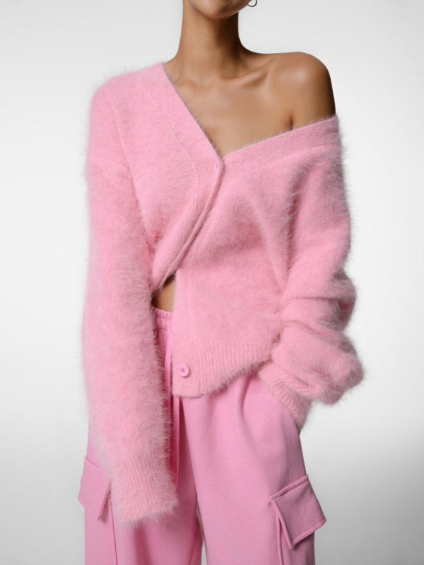 HelenaWomen's Lazy Loose Long-sleeved V-neck Sweater Knitted Cardigan