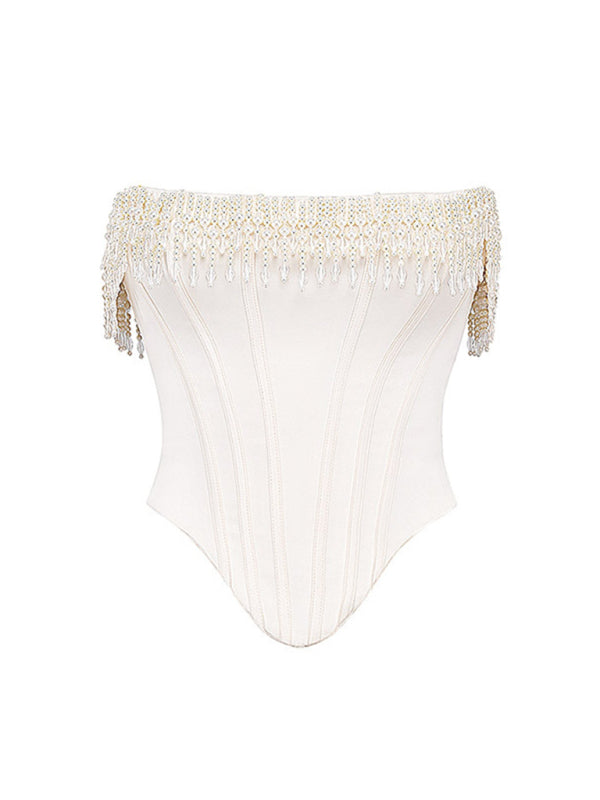 Rosella Sexy Retro Cream Hottie Fishbone Tight Tube Top