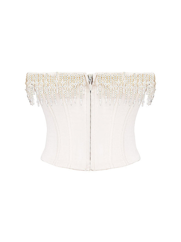 Rosella Sexy Retro Cream Hottie Fishbone Tight Tube Top