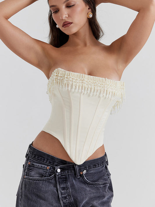 Rosella Sexy Retro Cream Hottie Fishbone Tight Tube Top