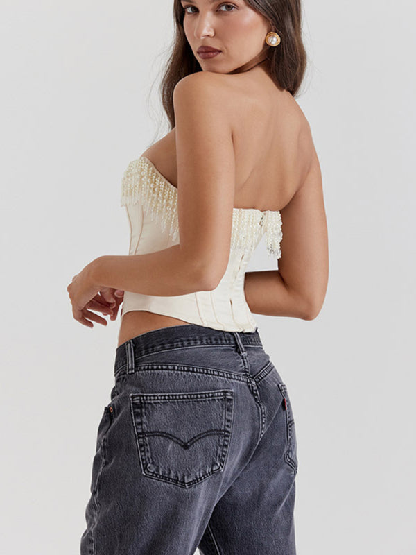 Rosella Sexy Retro Cream Hottie Fishbone Tight Tube Top