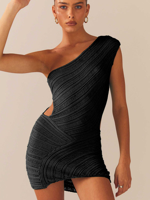 Ayla New Hollow Sexy Tight Short Skirt With Hollowed Waist and One Shoulder Patchwork Dress
