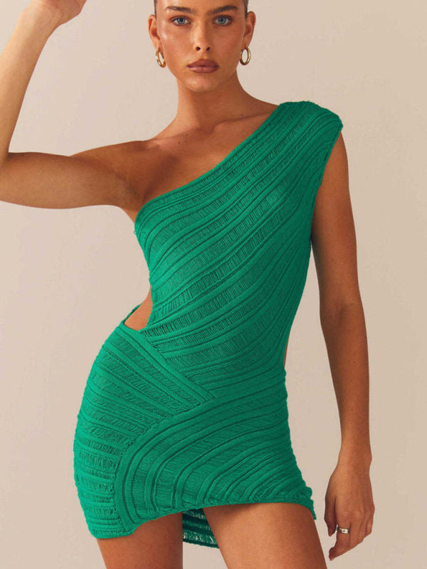 Ayla New Hollow Sexy Tight Short Skirt With Hollowed Waist and One Shoulder Patchwork Dress
