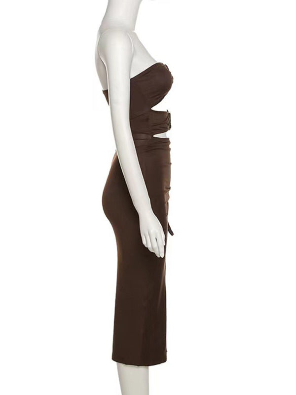 Blakely New Women's One-Shoulder Sexy Hollow High-Slit Tube Top Dress