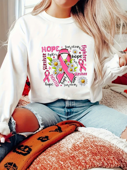 Noemi New Pink Ribbon Printed Casual Loose Long-Sleeved Sweatshirt