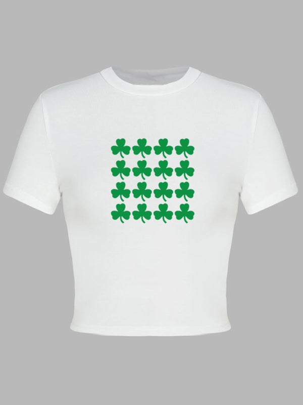 Brandy Women's St. Patrick's Day Green Leaf Print Round Neck Short T-Shirt (Multiple Pictures Available)