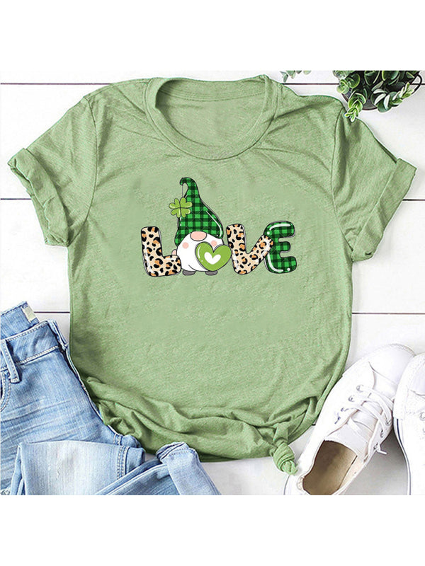 Caitlin Women's New Leopard Print Love + Clover Print St. Patrick's Day Short-Sleeved T-Shirt