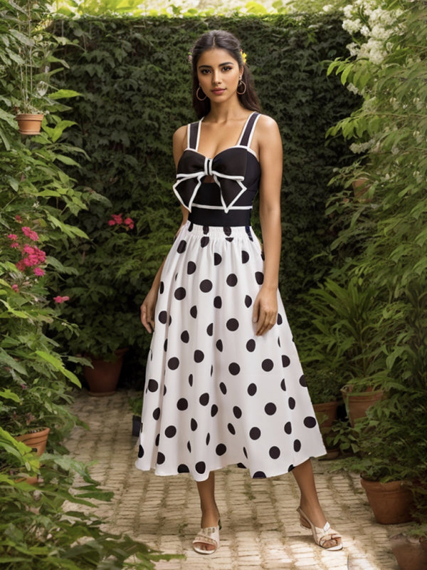 Kamari New Fashionable Vacation Sexy Bow One-Piece Swimsuit + Polka Dot Print Skirt (Single Piece)