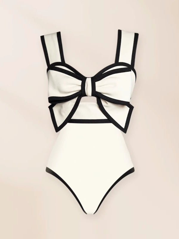 Kamari New Fashionable Vacation Sexy Bow One-Piece Swimsuit + Polka Dot Print Skirt (Single Piece)