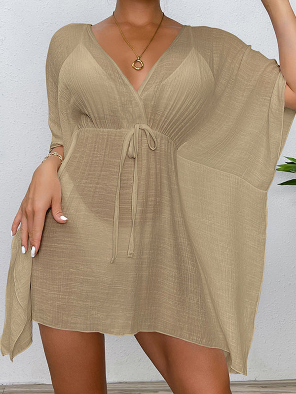 Egypt Drop Shoulder Loose Beach Cover-Up Solid Color Sun Protection Shirt Waist Tie Bikini Cover-Up