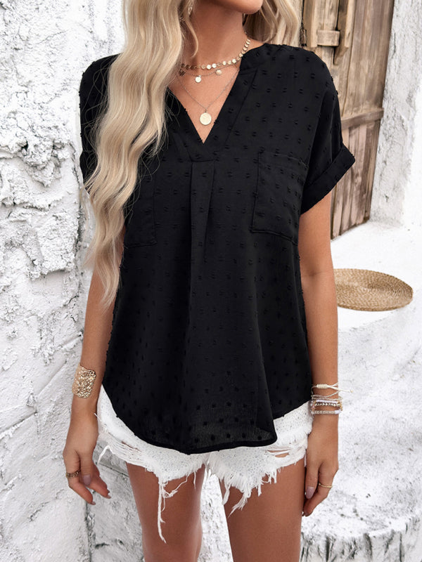 Gavrielle Women's Solid Color Casual Short-Sleeved V-Neck Jacquard Fabric Shirt