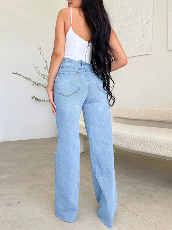Laila Women's Long High Waist Ripped Wide Leg Jeans