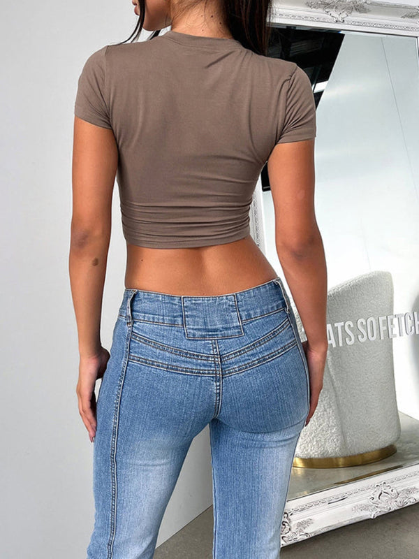 Nicole Y2K Solid Color Slim Fit Cropped Short-Sleeved Top