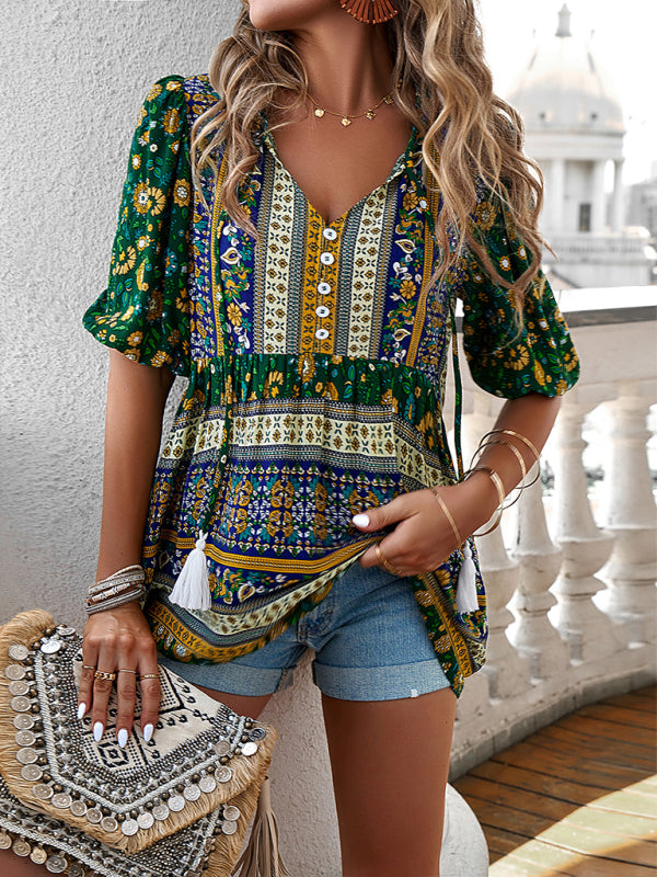 Flannery Women's New Tassel V-Neck Printed Casual Resort Style Top