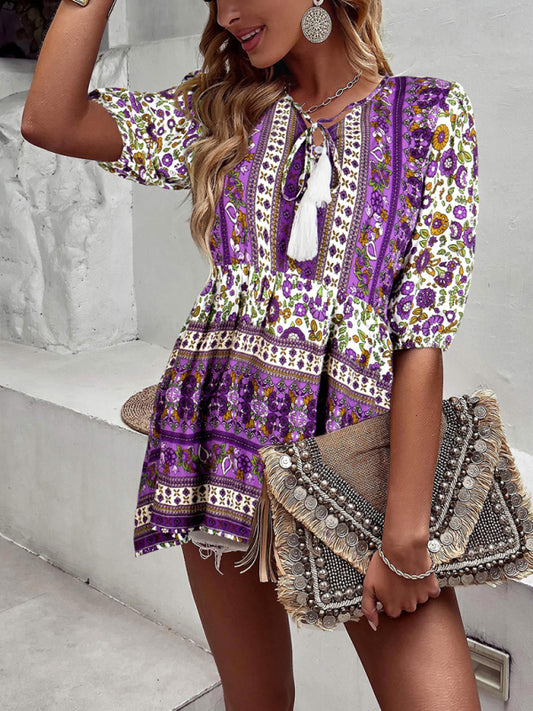 Flannery Women's New Tassel V-Neck Printed Casual Resort Style Top
