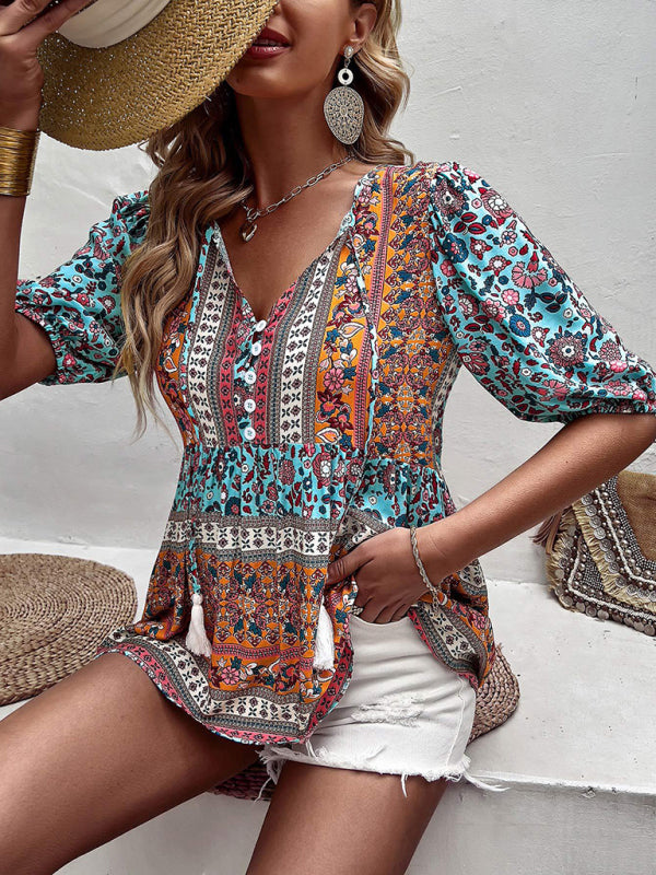 Flannery Women's New Tassel V-Neck Printed Casual Resort Style Top