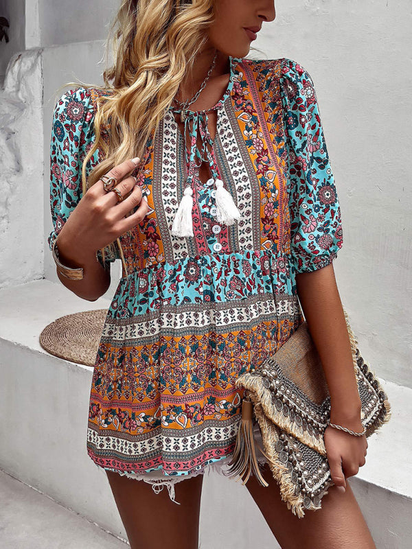 Flannery Women's New Tassel V-Neck Printed Casual Resort Style Top