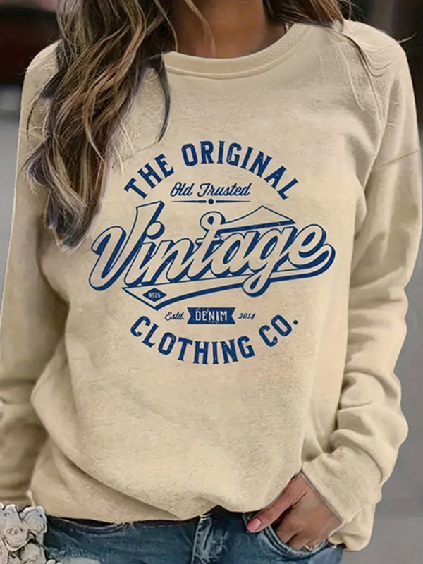 Jodie New Retro Letter Print Round Neck Long Sleeve Sweatshirt