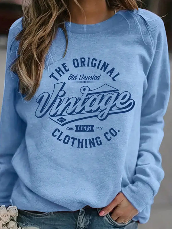 Jodie New Retro Letter Print Round Neck Long Sleeve Sweatshirt