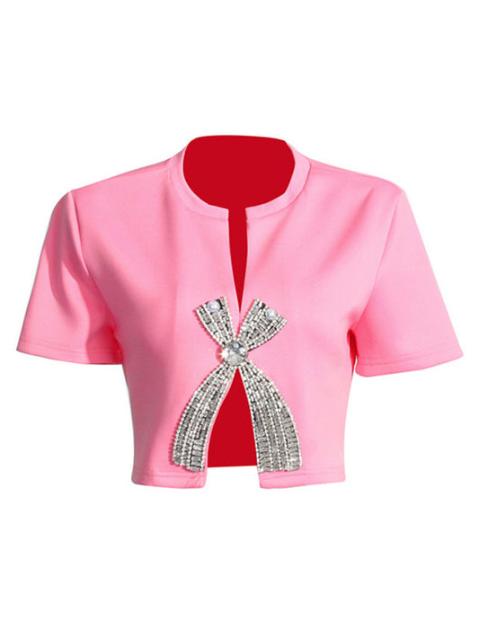 Melissa New Style Diamond Sequined Bow Short-Sleeved Solid Color Slit Top
