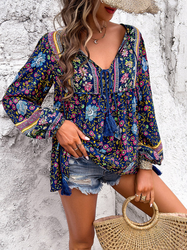 Fenna Women's Casual Spring And Summer Vacation Bohemian Print Lace-Up Long Sleeve Shirt