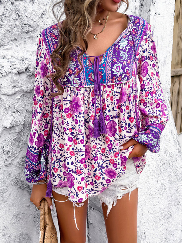 Fenna Women's Casual Spring And Summer Vacation Bohemian Print Lace-Up Long Sleeve Shirt