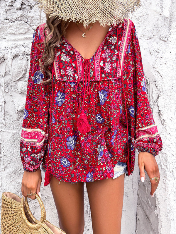 Fenna Women's Casual Spring And Summer Vacation Bohemian Print Lace-Up Long Sleeve Shirt