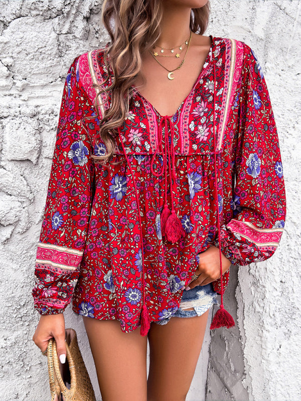 Fenna Women's Casual Spring And Summer Vacation Bohemian Print Lace-Up Long Sleeve Shirt