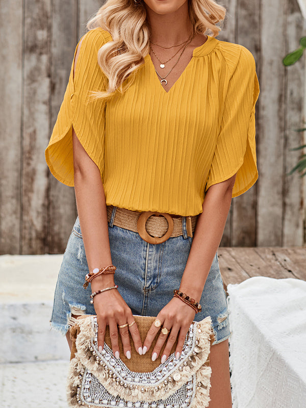 Faylinn New Casual Solid Color V-Neck Slim Fit Hollow Top