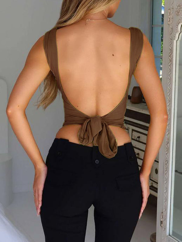 Gwenda Spring And Summer Women's Suspender Cross Large V-Neck Backless Lace-Up Fashionable Top
