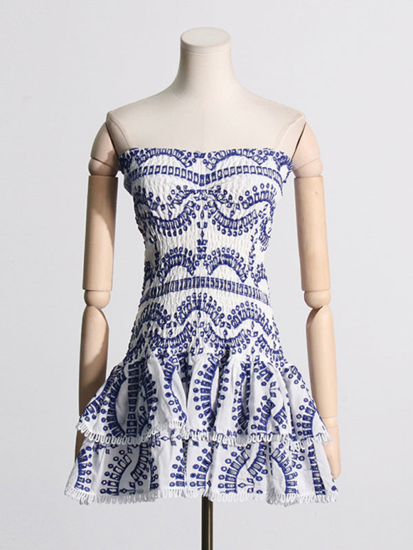 Margaret New Sexy Hot Girl Embroidered Tube Top Dress With Hollow Ruffles And Stitching Design A-Line Skirt