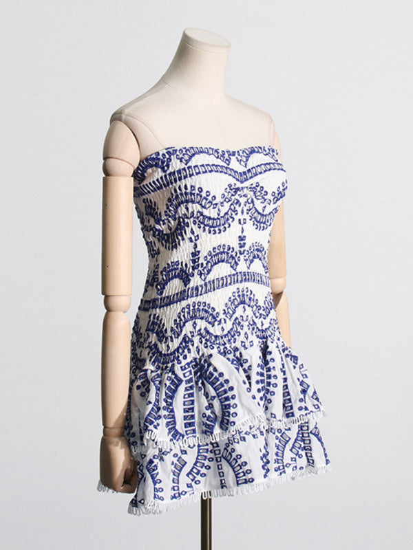 Margaret New Sexy Hot Girl Embroidered Tube Top Dress With Hollow Ruffles And Stitching Design A-Line Skirt